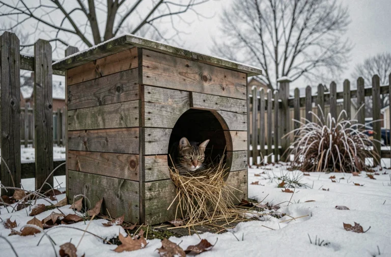 Abri en bois isolé pour chat errant placé contre une clôture de jardin en hiver avec de la paille à l'intérieur