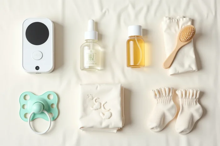 Vue de dessus des accessoires indispensables pour la chambre de bébé incluant babyphone, tétine, brosse en bois, huile naturelle et chaussettes tricotées