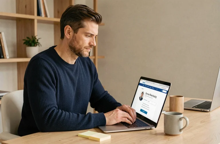 Homme achetant un nom de domaine OVH sur son ordinateur portable dans un bureau minimaliste