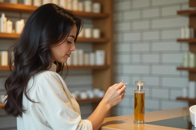 Femme examinant un flacon de parfum dans une pharmacie espagnole à Barcelone
