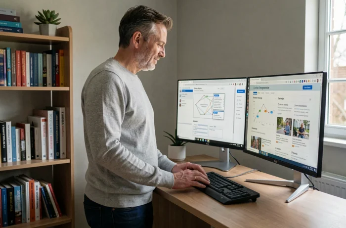Administrator configuring the personalized website of a works council from their home office with dual screens