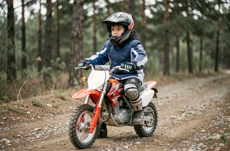 Jeune adolescent en équipement de protection complet sur une moto Yamaha Piwi 80 sur un chemin de terre en forêt