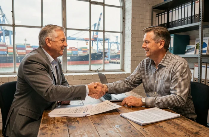 Deux agents maritimes signant un contrat de transport de fret dans un bureau portuaire avec vue sur des navires cargo