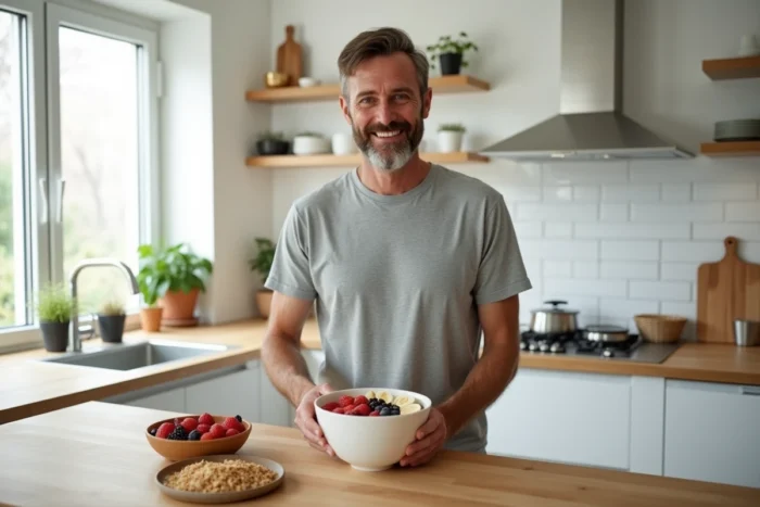 Homme préparant un bol de smoothie coloré dans une cuisine scandinave moderne pour adopter une alimentation saine au quotidien