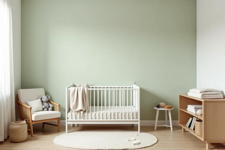 Chambre de bébé aménagée avec un lit à barreaux en bois blanc, une table à langer en chêne et un fauteuil d'allaitement en rotin dans un intérieur aux tons pastel doux