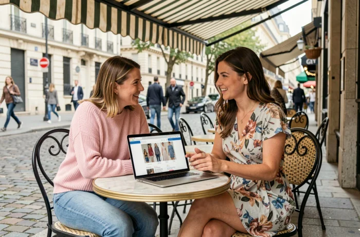Deux amies comparant des tendances mode femme à petits prix sur un ordinateur portable en terrasse de café