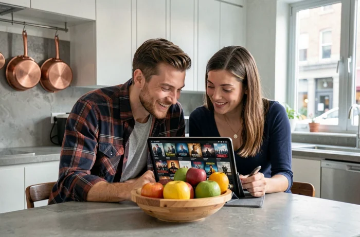 Deux amis choisissant une série à regarder ensemble sur une tablette dans une cuisine moderne
