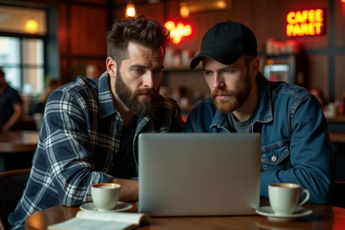 Deux amis passionnés de culture numérique discutant de ressources web geek autour d'un ordinateur portable dans un café urbain vintage