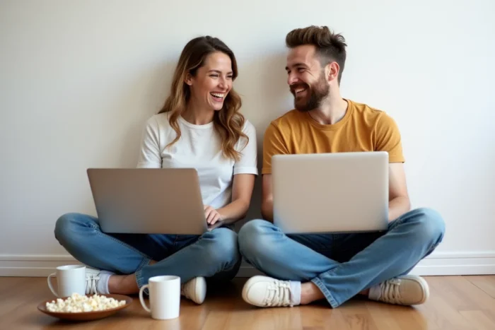 Deux amis riant ensemble devant un ordinateur portable en jouant à un quiz en ligne assis sur le sol