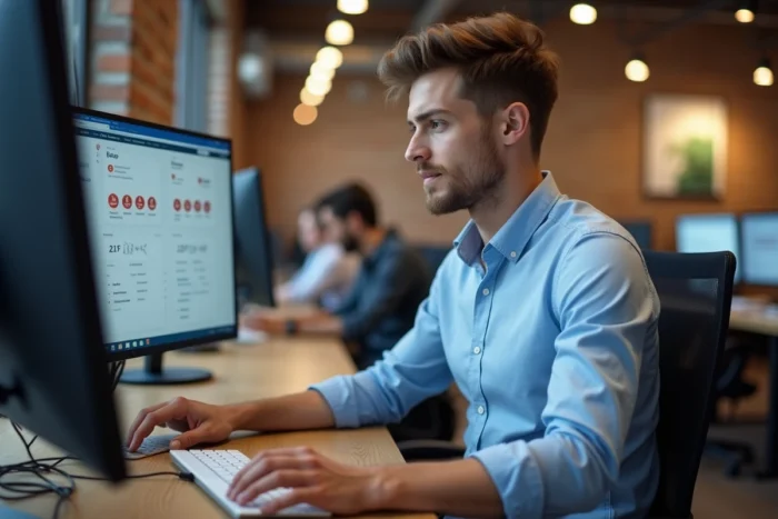 Jeune professionnel analysant des données B2B sur des écrans dans un espace de coworking dynamique