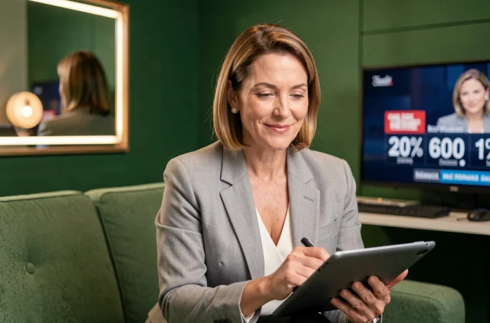 Animatrice de télévision dans une loge de maquillage consultant ses notes sur tablette avant un direct