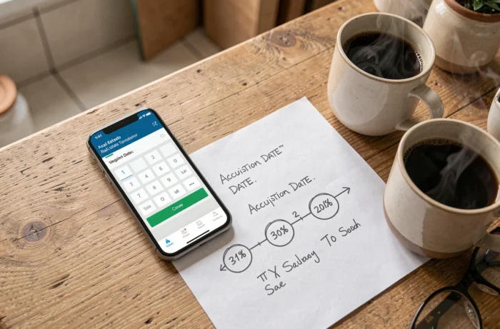 Calcul des années de détention immobilière avec une application mobile et une frise chronologique manuscrite sur une table
