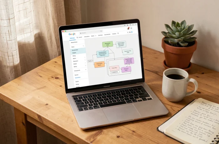Ordinateur portable affichant un diagramme d'architecture de site web posé sur une table en bois avec un carnet de notes et une tasse de café