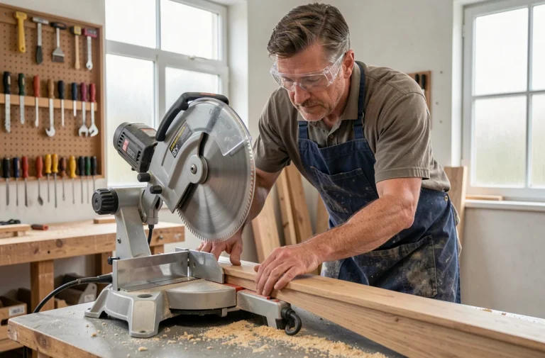 Artisan expérimenté positionnant une moulure en chêne sur une scie radiale pour une coupe en onglet précise dans un atelier de menuiserie