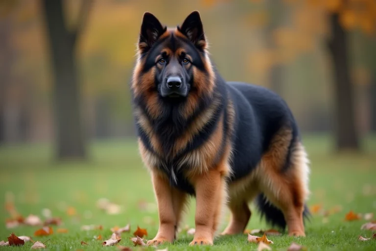 Berger allemand croisé terre neuve debout dans un parc en automne, montrant ses caractéristiques physiques uniques comme sa fourrure dense et sa large poitrine