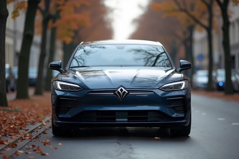 Berline moderne garée sur un boulevard européen en automne, carrosserie bleu métallisé, angle avant trois quarts au niveau du sol