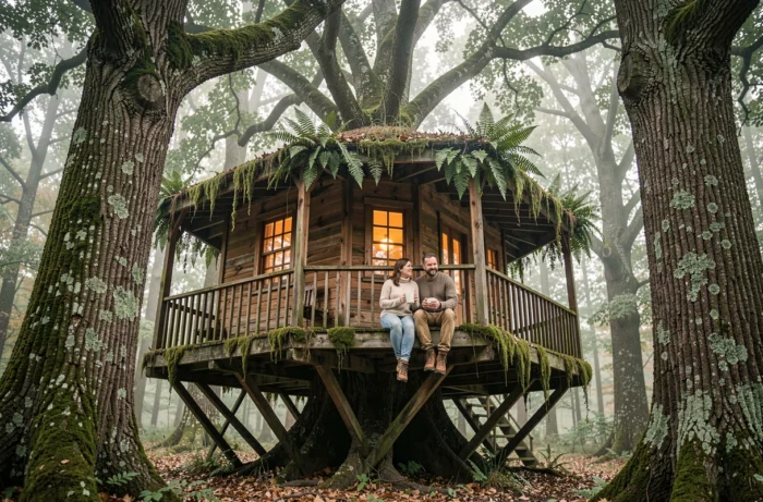 Cabane dans les arbres en bois rustique entourée d'une forêt dense, avec un couple profitant d'un séjour unique en pleine nature