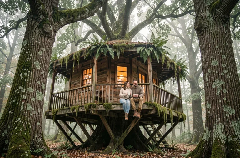 Cabane dans les arbres en bois rustique entourée d'une forêt dense, avec un couple profitant d'un séjour unique en pleine nature
