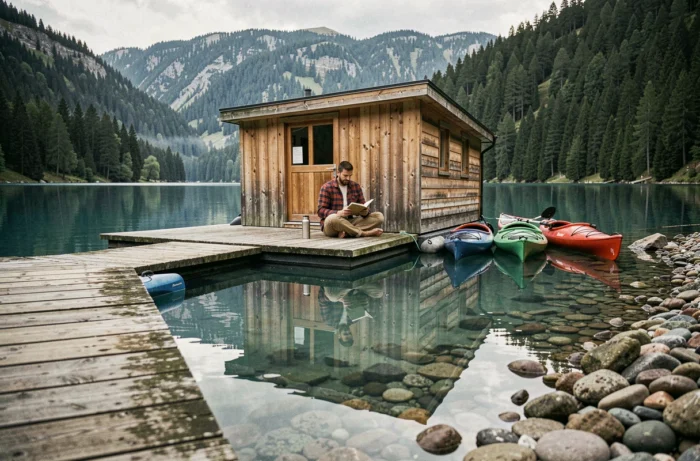 Cabane flottante en bois sur un lac de montagne isolé, idéale pour un séjour au calme et au cœur de la nature sauvage