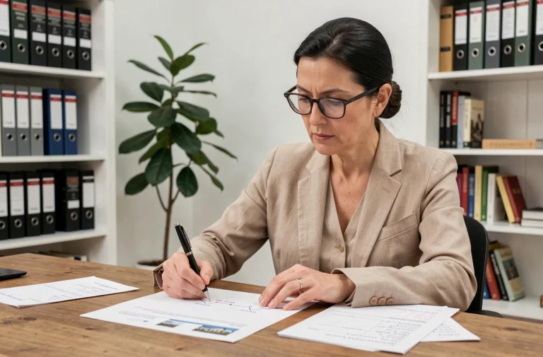 Femme calculant les années de détention pour une plus-value immobilière sur des documents notariés à son bureau