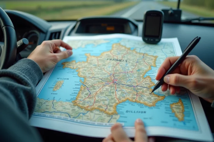 Carte des autoroutes françaises sur le tableau de bord d'une voiture avec GPS