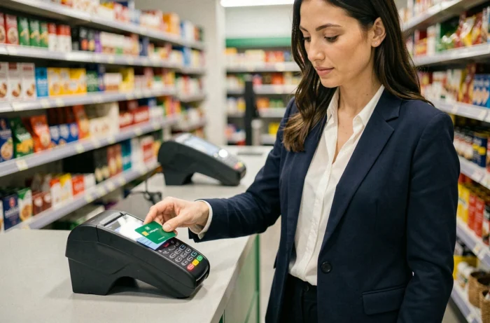 Femme utilisant une carte bancaire Crédit Agricole sur un terminal de paiement sans contact en supermarché