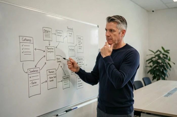 Homme debout devant un tableau blanc avec une carte de site dessinée à la main montrant la navigation et les catégories d'un site web