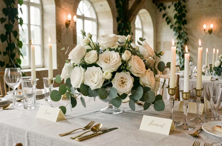 Centre de table de mariage élégant avec roses blanches, bougies en cristal et vaisselle dorée dans un château français