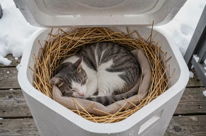 Chat errant gris et blanc endormi dans un abri isolé fait maison avec de la paille et une couverture en polaire