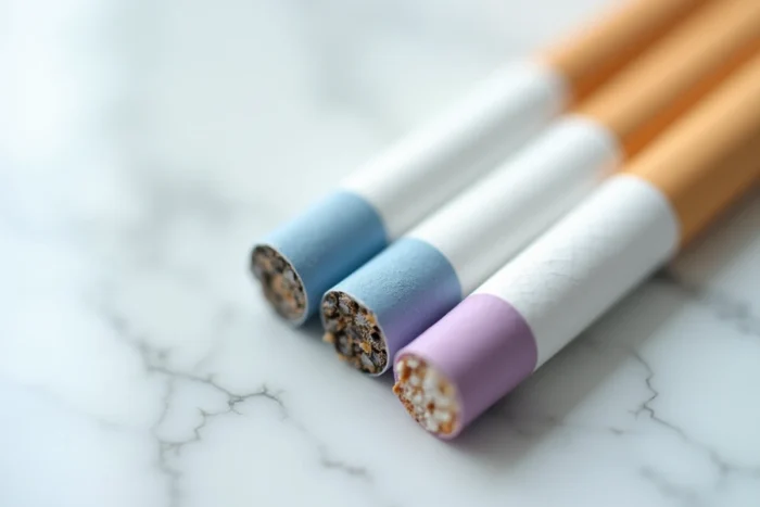 Cigarettes slim aux filtres de couleurs différentes disposées sur marbre blanc, illustrant la différence de couleur des cigarettes Vogue