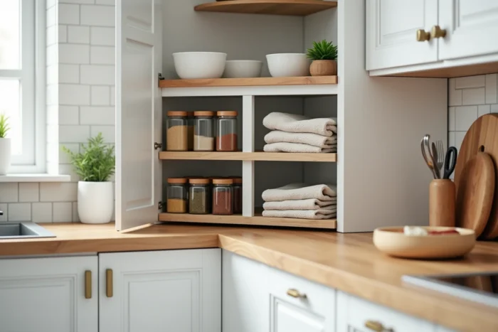 Coin de petite cuisine avec rangement tournant lazy Susan et épices organisées sur étagères blanches