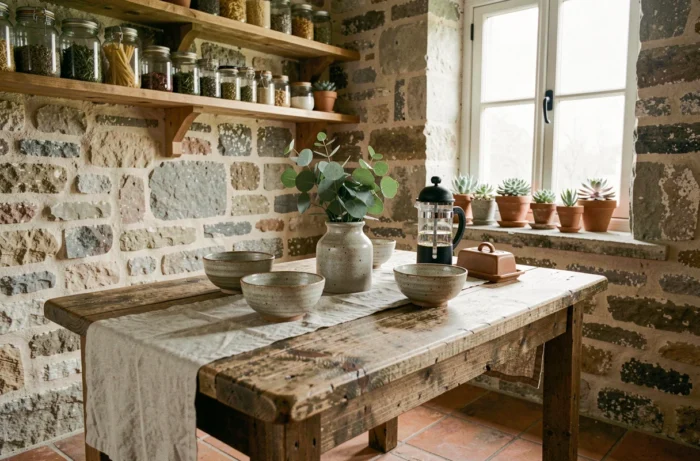 Coin petit-déjeuner rustique avec céramiques artisanales, bois brut et herbes séchées dans une cuisine de campagne