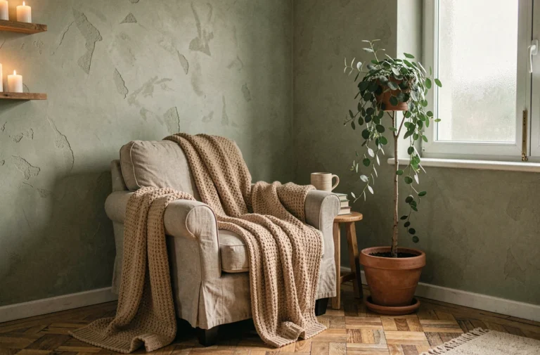 Coin salon cosy avec fauteuil en lin, plaid en laine et plantes vertes dans un appartement chaleureux