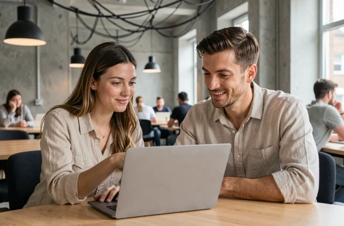 Deux collègues discutant d'astuces technologiques sur un ordinateur portable dans un espace de coworking moderne