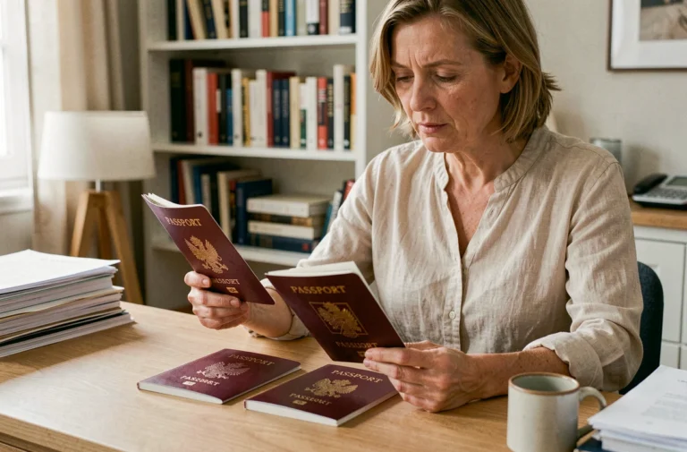 Femme consultant deux passeports français sur un bureau à domicile pour comparer ancienne et nouvelle version