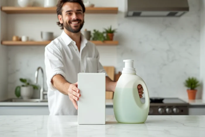 Homme comparant une boîte de lessive en poudre et un flacon de lessive liquide posés sur un plan de travail en marbre
