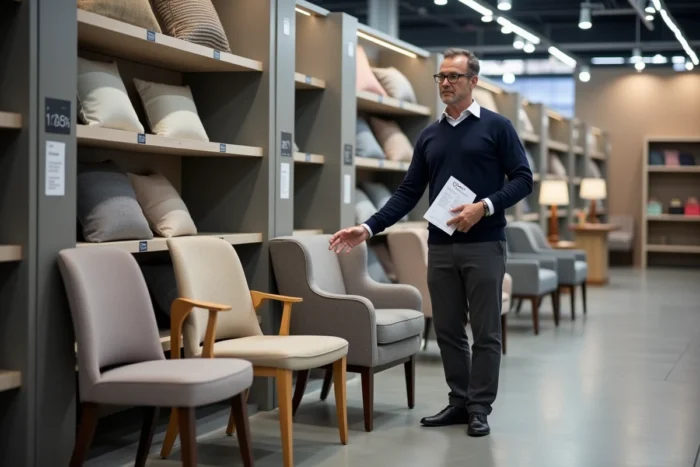Homme comparant les dimensions de différents modèles de chaises dans un magasin de meubles
