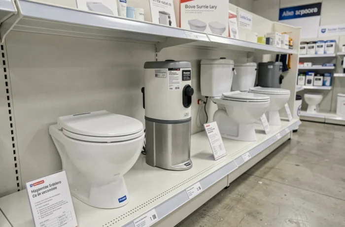 Comparaison de plusieurs modèles de WC broyeurs exposés en showroom de plomberie avec fiches techniques en français