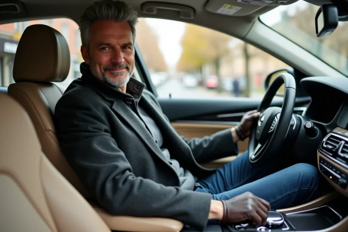 Homme élégant dans la quarantaine assis au volant d'une berline premium, intérieur en cuir beige et tableau de bord numérique