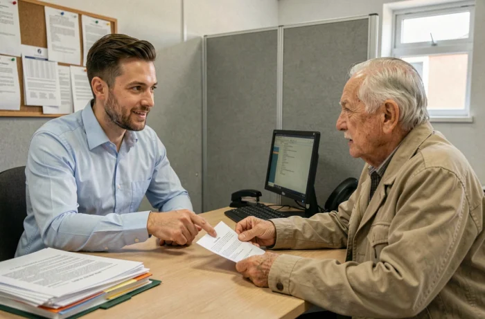 Conseiller en logement social expliquant les clauses du bail HLM à un locataire senior dans un bureau