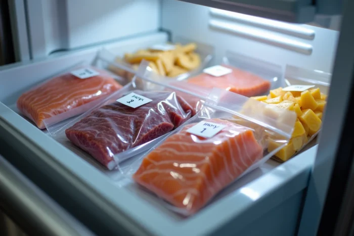 Tiroir de réfrigérateur organisé avec des sachets sous vide FoodSaver contenant viande, poisson et fruits
