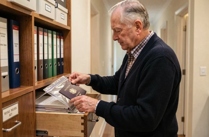 Homme âgé rangeant son ancien passeport français dans une pochette de protection dans un classeur