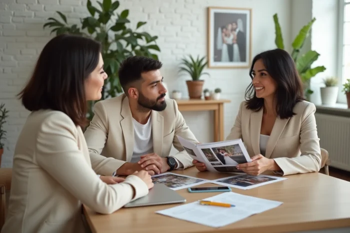 Photographe de mariage présentant ses forfaits tout compris à un couple lors d'une consultation en studio