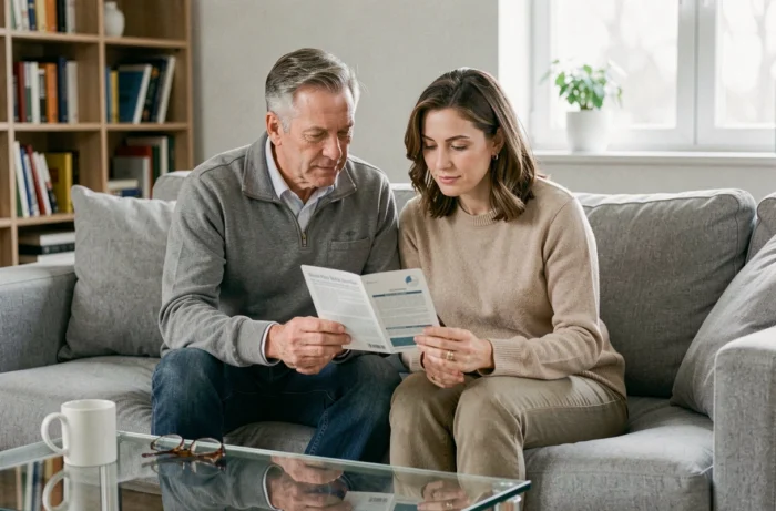 Couple examining a brochure for health mutual 403 together in their living room