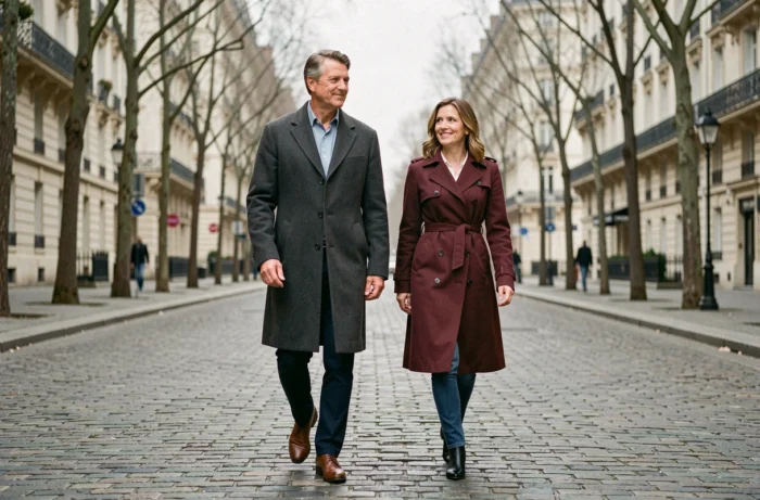 Couple élégant marchant sur un boulevard parisien en manteaux chics, photographie éditoriale illustrant un article sur la vie privée et le mariage d'une personnalité médiatique française