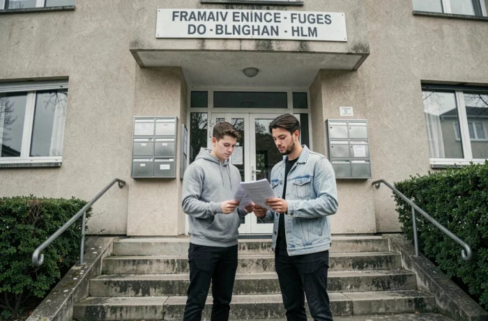 Jeune couple de locataires consultant leur bail devant l'entrée d'un immeuble HLM