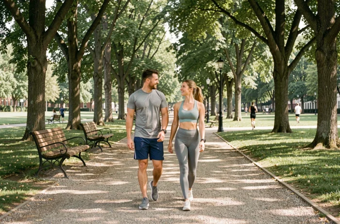 Couple en tenue de sport marchant dans un parc urbain verdoyant pour illustrer les habitudes de santé quotidiennes