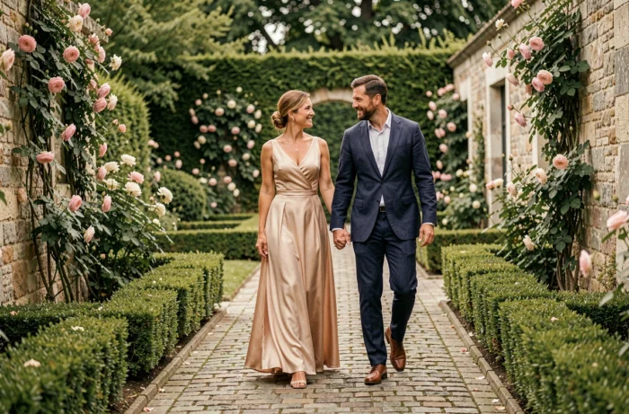 Couple élégant se promenant main dans la main dans un jardin français romantique avec des roses grimpantes et des allées en pavés