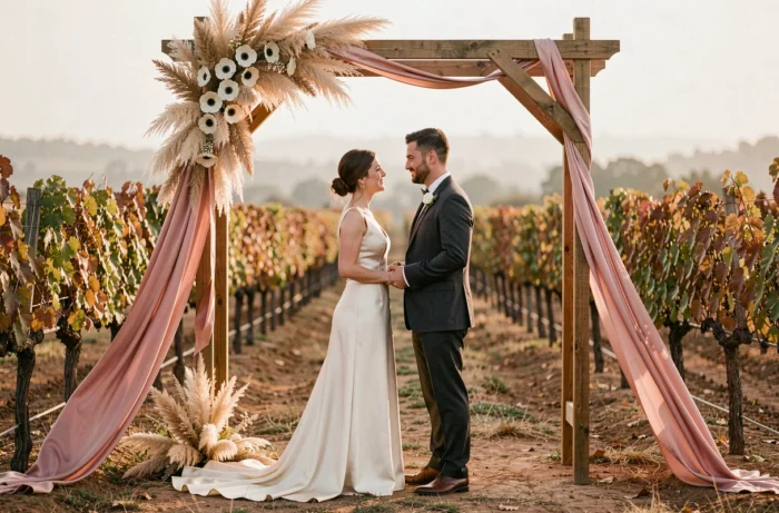 Couple de mariés sous une arche en bois décorée de fleurs séchées et de rubans dans un vignoble au coucher du soleil