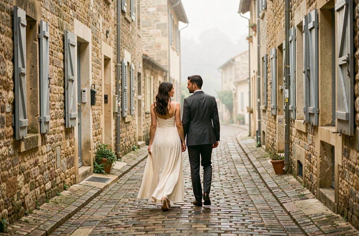 Couple de mariés marchant dans une ruelle pavée d'un village français lors de leur mariage discret et élégant